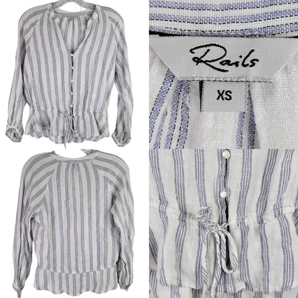Rails Shirt Women's XS Blue & White Striped Button Up Long Sleeve Marni Linen - Picture 1 of 10